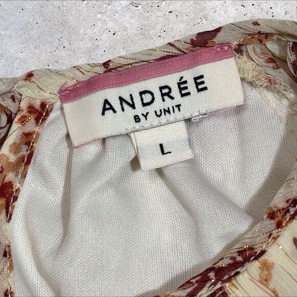 Andree By Unit Tiered Floral Top Cream Brown Semi Sheer Large Boho Peasant - Picture 7 of 8
